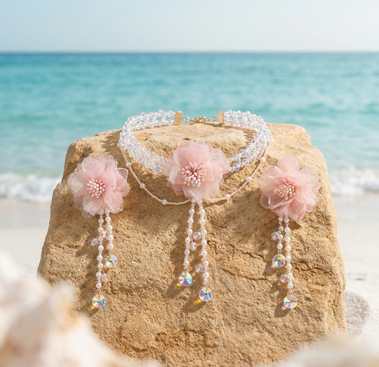 pink floral crystal choker & dangle earrings set