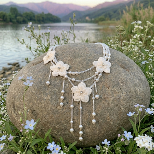 Ethereal blossom: Handcrafted pearl & lace floral Statement Necklace