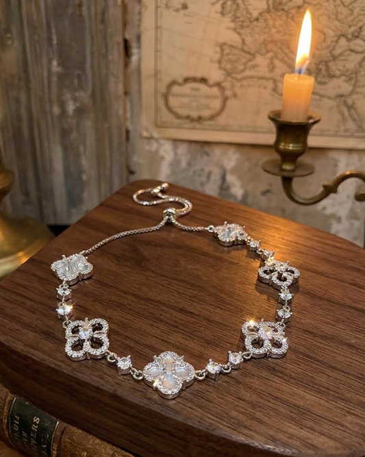Silver Celestial Clover: Zirconia Encrusted Adjustable Bracelet